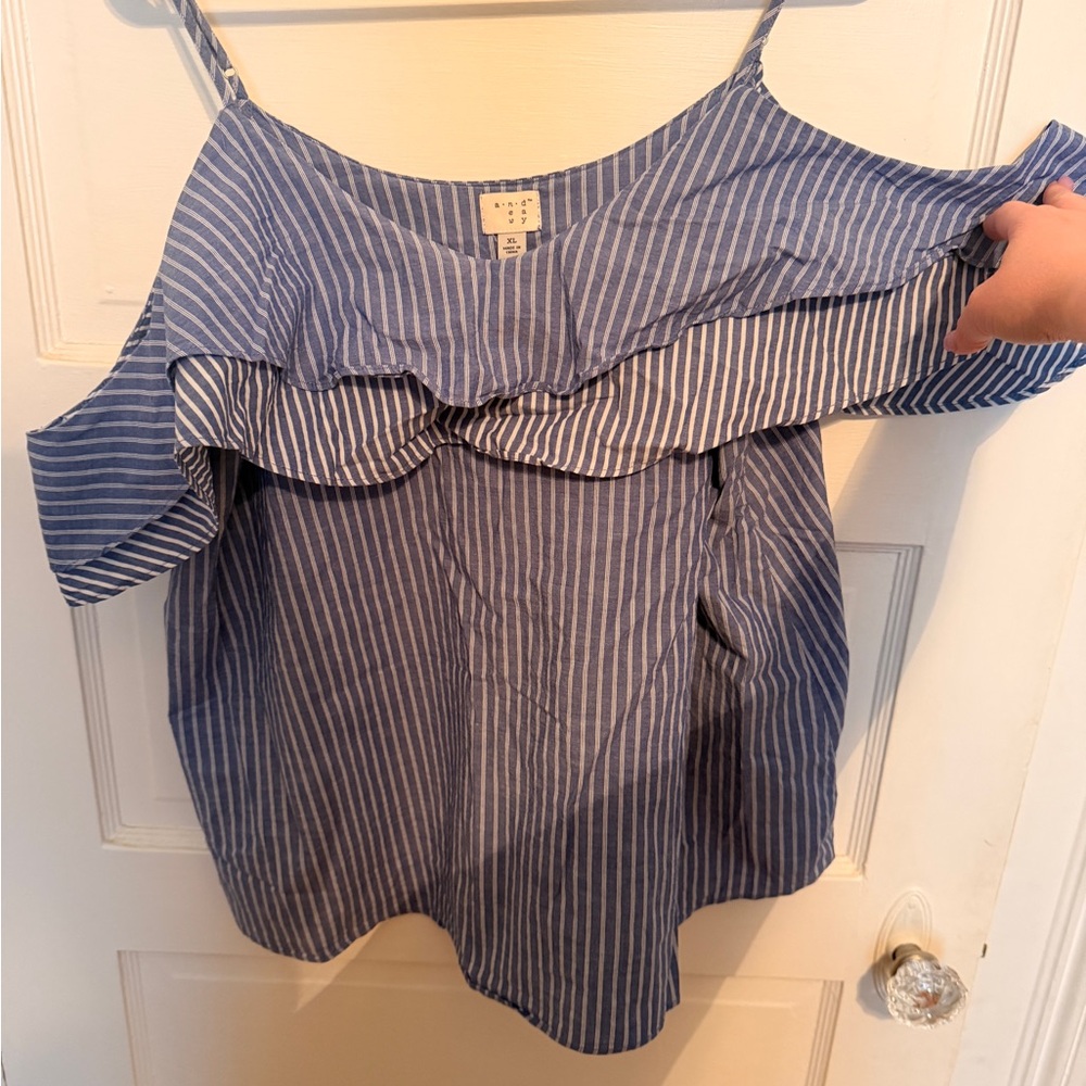 a new day Blue and White Striped Off-Shoulder Ruffle Cami